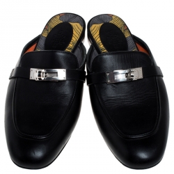 Hermes Black Calfskin Leather Palladium Plated Oz Mules Size 36.5