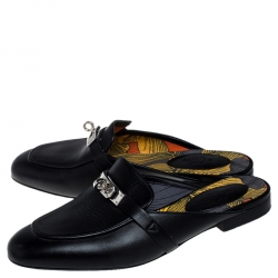Hermes Black Calfskin Leather Palladium Plated Oz Mules Size 36.5