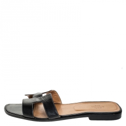 Hermes Black Leather Oran Flat Slides Size 42