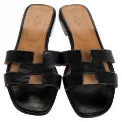 Hermes Black Leather Oran Flat Slides Size 42