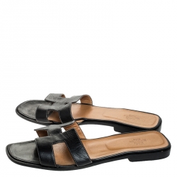 Hermes Black Leather Oran Flat Slides Size 42