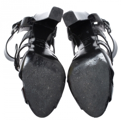 Pre Owned Hermes Black Patent Leather Double Ankle Strap Open Toe Sandals Size 38