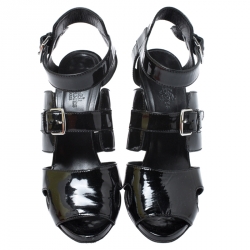 Pre Owned Hermes Black Patent Leather Double Ankle Strap Open Toe Sandals Size 38