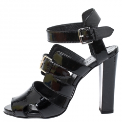 Pre Owned Hermes Black Patent Leather Double Ankle Strap Open Toe Sandals Size 38