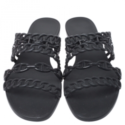 Pre Owned Hermes Black Rubber Chain Stappy Flats Size 40