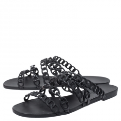 Pre Owned Hermes Black Rubber Chain Stappy Flats Size 40