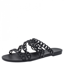 Pre Owned Hermes Black Rubber Chain Stappy Flats Size 40