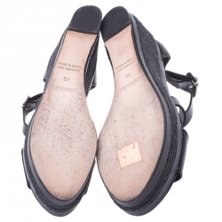 Hermes Black Textured Patent Leather Ilana Espadrille Wedges Sandals Size 40