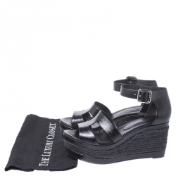 Hermes Black Textured Patent Leather Ilana Espadrille Wedges Sandals Size 40