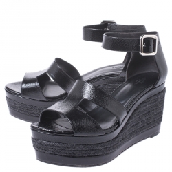 Hermes Black Textured Patent Leather Ilana Espadrille Wedges Sandals Size 40