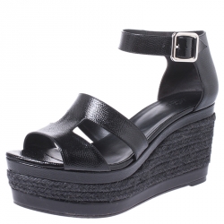 Hermes Black Textured Patent Leather Ilana Espadrille Wedges Sandals Size 40
