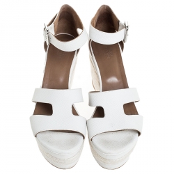 Hermes White Textured Leather Ilana Espadrille Wedge Sandals Size 39