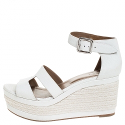 Hermes White Textured Leather Ilana Espadrille Wedge Sandals Size 39