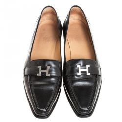Pre Owned Hermes Black Leather Silver H Logo Loafers Size 39.5