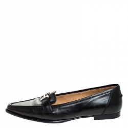 Pre Owned Hermes Black Leather Silver H Logo Loafers Size 39.5