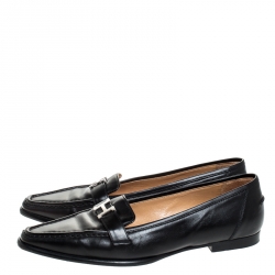 Pre Owned Hermes Black Leather Silver H Logo Loafers Size 39.5