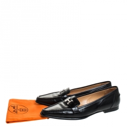 Pre Owned Hermes Black Leather Silver H Logo Loafers Size 39.5