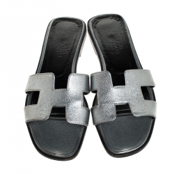 Hermes Metallic Gunmetal Textured Leather Oran Flat Slides Size 37