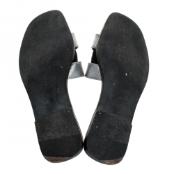 Hermes Metallic Gunmetal Textured Leather Oran Flat Slides Size 37