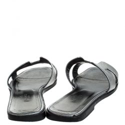 Hermes Metallic Gunmetal Textured Leather Oran Flat Slides Size 37