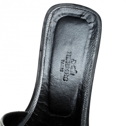 Hermes Metallic Gunmetal Textured Leather Oran Flat Slides Size 37