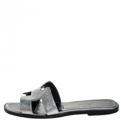 Hermes Metallic Gunmetal Textured Leather Oran Flat Slides Size 37