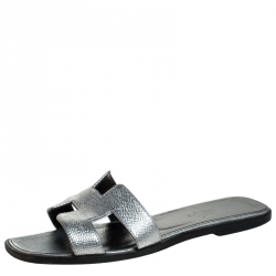 Hermes Metallic Gunmetal Textured Leather Oran Flat Slides Size 37