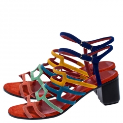 Hermes Multicolor Suede Oracle Block Heel Ankle Strap Sandals Size 38