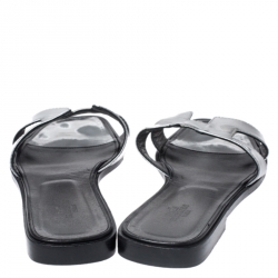 Hermes Metallic Silver Leather Oran Flat Slides Size 38.5