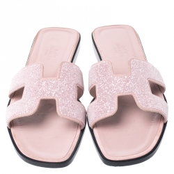 Hermes Blush Pink Crystal Suede Oran Flat Slides Size 38