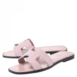 Hermes Blush Pink Crystal Suede Oran Flat Slides Size 38