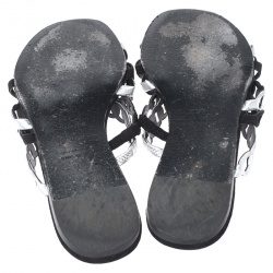 Hermes Metallic Silver Leather And Black Suede Chaine D'ancre Flat Sandals Size 37