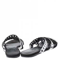 Hermes Metallic Silver Leather And Black Suede Chaine D'ancre Flat Sandals Size 37
