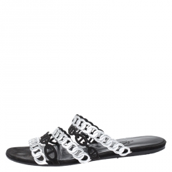 Hermes Metallic Silver Leather And Black Suede Chaine D'ancre Flat Sandals Size 37