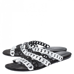 Hermes Metallic Silver Leather And Black Suede Chaine D'ancre Flat Sandals Size 37