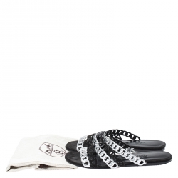 Hermes Metallic Silver Leather And Black Suede Chaine D'ancre Flat Sandals Size 37