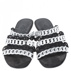 Hermes Metallic Silver Leather And Black Suede Chaine D'ancre Flat Sandals Size 37