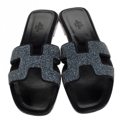 Pre Owned Hermes Black Crystal Suede Oran Flat Slides Size 40.5