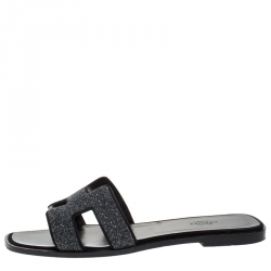 Pre Owned Hermes Black Crystal Suede Oran Flat Slides Size 40.5