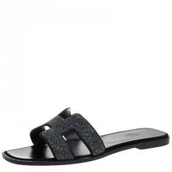 Pre Owned Hermes Black Crystal Suede Oran Flat Slides Size 40.5