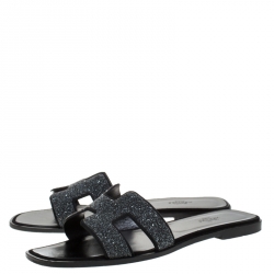 Pre Owned Hermes Black Crystal Suede Oran Flat Slides Size 40.5