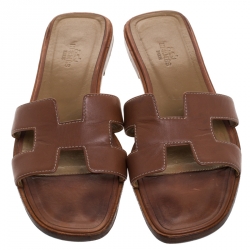 Hermes Brown Leather Oran Flat Slides Size 38