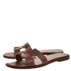 Hermes Brown Leather Oran Flat Slides Size 38