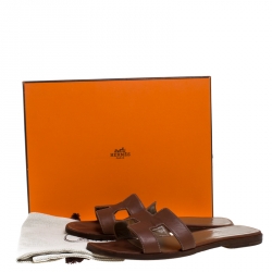 Hermes Brown Leather Oran Flat Slides Size 38