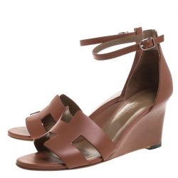 Hermes Brown Leather Legend Wedge Ankle Strap Sandals Size 38.5