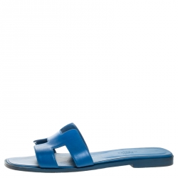 Hermes Blue Leather Oran Flat Slides Size 39