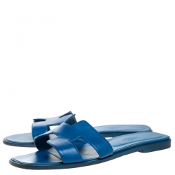 Hermes Blue Leather Oran Flat Slides Size 39