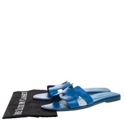 Hermes Blue Leather Oran Flat Slides Size 39