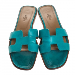مملوكة مسبقًا Hermes Turquoise Leather Oran Slide Sandals Size 40