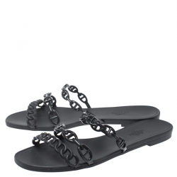 Hermes Black Rubber D'ancre Chaine Rivage Flats Size 40